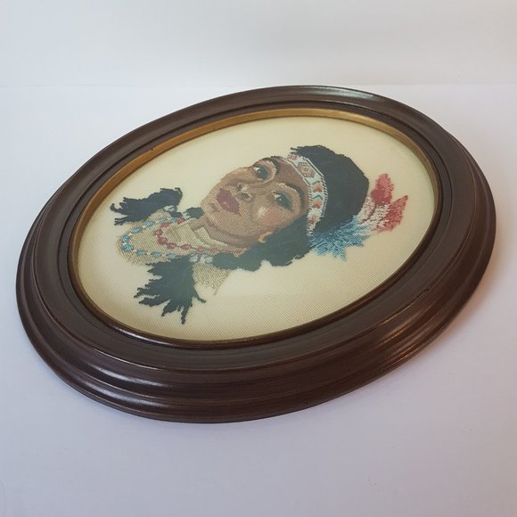 Vintage Petit Point Framed Artwork Indigenous Native American Man Woman Canadian - Picture 13 of 16